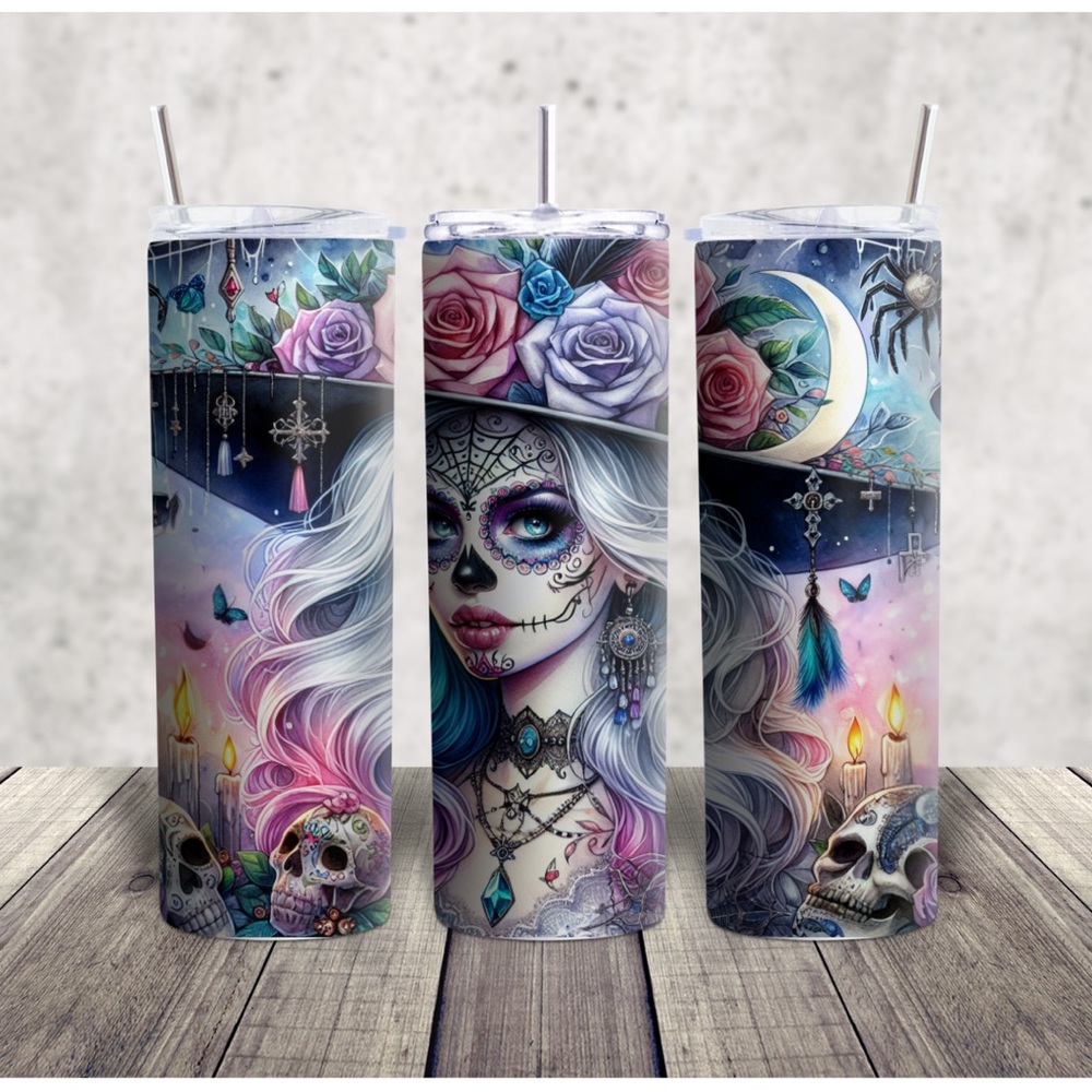 Hand Crafted Day of the dead Skull and Floral Tumbler